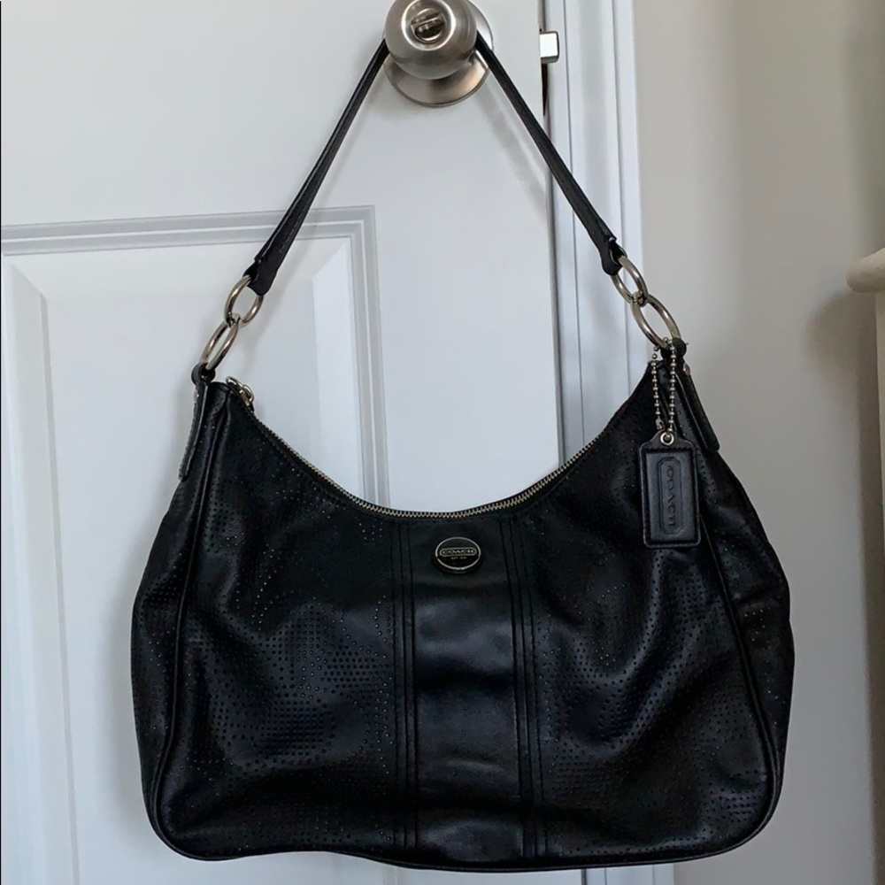 Coach Signature Stripe Perforated Leather Hobo